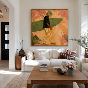 Olive Surfboard and Golden Stripes Wall Art styled interior scene 5 | OILDECO