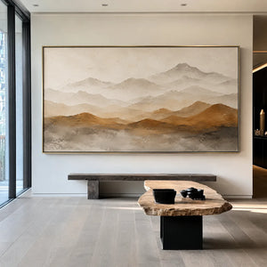 Ochre Foothills and Misty Mountain Layers Wall Art styled interior scene 1 | OILDECO