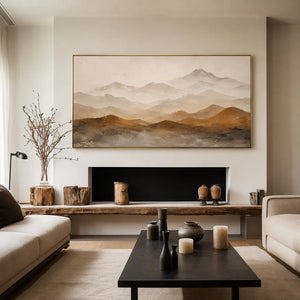 Ochre Foothills and Misty Mountain Layers Wall Art styled interior scene 3 | OILDECO