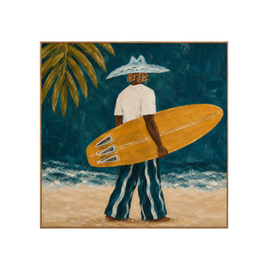 Golden Surfboard at the Teal Shore Wall Art | OILDECO