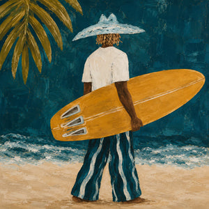 Golden Surfboard at the Teal Shore Wall Art artwork view | OILDECO