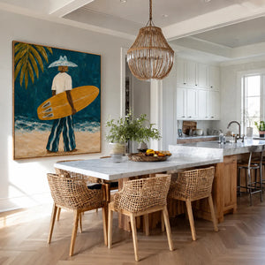 Golden Surfboard at the Teal Shore Wall Art styled interior scene 1 | OILDECO