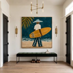 Golden Surfboard at the Teal Shore Wall Art styled interior scene 2 | OILDECO