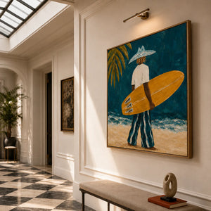 Golden Surfboard at the Teal Shore Wall Art styled interior scene 3 | OILDECO