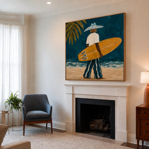 Golden Surfboard at the Teal Shore Wall Art styled interior scene 4 | OILDECO