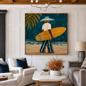 Golden Surfboard at the Teal Shore Wall Art styled interior scene 5 | OILDECO