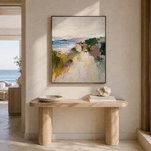 Cliffside Path Coastal Wall Art displayed above a sofa in a neutral interior | Oildeco