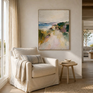 Cliffside Path Coastal Wall Art shown in a calm bedroom setting | Oildeco