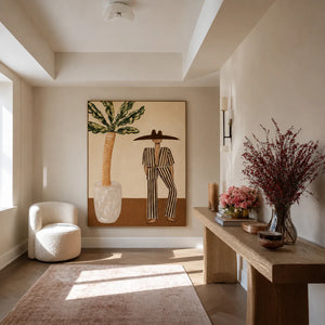 Striped Suit beside a Leafy Potted Tree Wall Art styled interior scene 1 | OILDECO