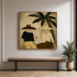 Palm Shade Conversation with Wine Glasses Wall Art styled interior scene 1 | OILDECO