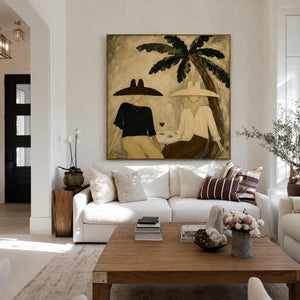 Palm Shade Conversation with Wine Glasses Wall Art styled interior scene 4 | OILDECO