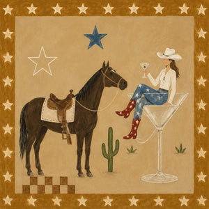 Cowgirl Cocktail and Horse under Golden Stars Wall Art artwork view | OILDECO