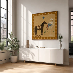 Cowgirl Cocktail and Horse under Golden Stars Wall Art styled interior scene 5 | OILDECO
