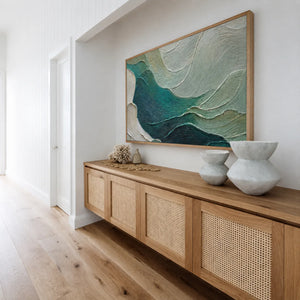 Sculpted Teal Currents and Sage Waves Wall Art styled interior scene 1 | OILDECO