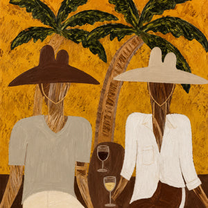 Two Hat Figures Under Palms on Ochre Wall Art artwork view | OILDECO