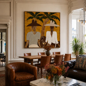 Two Hat Figures Under Palms on Ochre Wall Art styled interior scene 2 | OILDECO