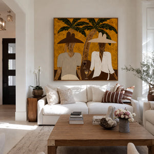 Two Hat Figures Under Palms on Ochre Wall Art styled interior scene 3 | OILDECO