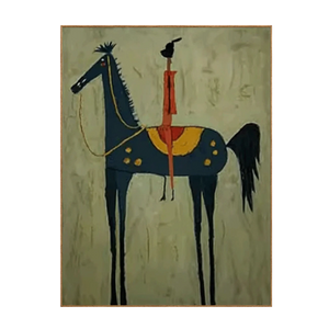 Red Rider on a Navy Horse with Sage Ground Wall Art | OILDECO