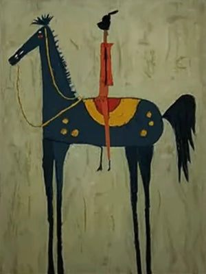 Red Rider on a Navy Horse with Sage Ground Wall Art artwork view | OILDECO