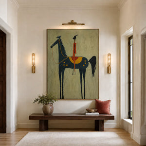Red Rider on a Navy Horse with Sage Ground Wall Art styled interior scene 1 | OILDECO