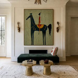 Red Rider on a Navy Horse with Sage Ground Wall Art styled interior scene 2 | OILDECO
