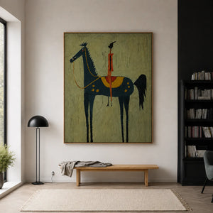 Red Rider on a Navy Horse with Sage Ground Wall Art styled interior scene 3 | OILDECO