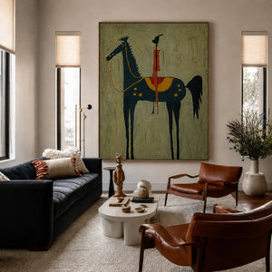 Red Rider on a Navy Horse with Sage Ground Wall Art styled interior scene 4 | OILDECO