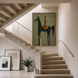 Red Rider on a Navy Horse with Sage Ground Wall Art styled interior scene 5 | OILDECO