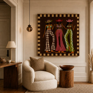 Three Hat Figures in Patterned Trousers Wall Art styled interior scene 1 | OILDECO
