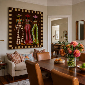 Three Hat Figures in Patterned Trousers Wall Art styled interior scene 2 | OILDECO