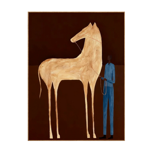 Tall Cream Horse and Blue-Clad Figure Wall Art | OILDECO