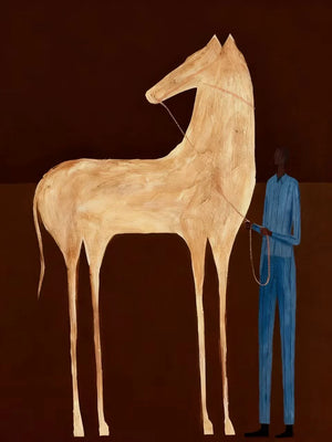 Tall Cream Horse and Blue-Clad Figure Wall Art artwork view | OILDECO