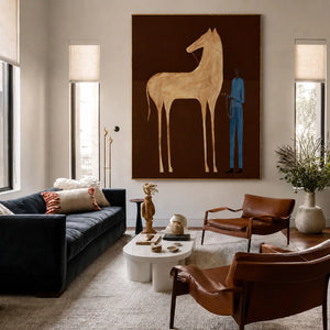 Tall Cream Horse and Blue-Clad Figure Wall Art styled interior scene 1 | OILDECO