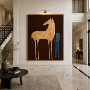 Tall Cream Horse and Blue-Clad Figure Wall Art styled interior scene 2 | OILDECO