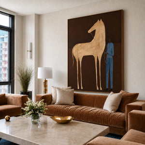 Tall Cream Horse and Blue-Clad Figure Wall Art styled interior scene 3 | OILDECO