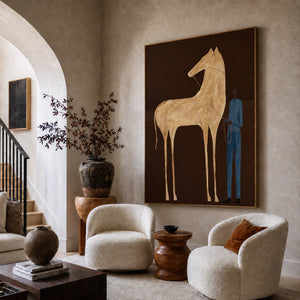 Tall Cream Horse and Blue-Clad Figure Wall Art styled interior scene 4 | OILDECO