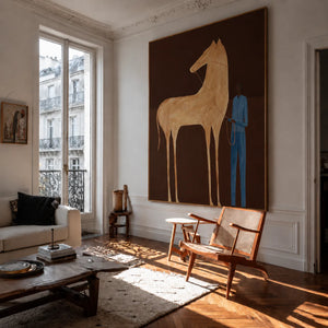 Tall Cream Horse and Blue-Clad Figure Wall Art styled interior scene 5 | OILDECO