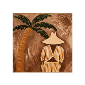 Striped Figure Beneath a Palm on Warm Brown Wall Art | OILDECO