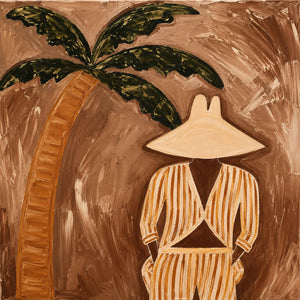 Striped Figure Beneath a Palm on Warm Brown Wall Art artwork view | OILDECO