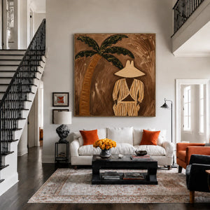 Striped Figure Beneath a Palm on Warm Brown Wall Art styled interior scene 1 | OILDECO
