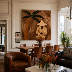 Striped Figure Beneath a Palm on Warm Brown Wall Art styled interior scene 2 | OILDECO