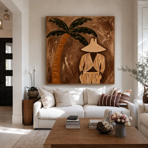 Striped Figure Beneath a Palm on Warm Brown Wall Art styled interior scene 3 | OILDECO