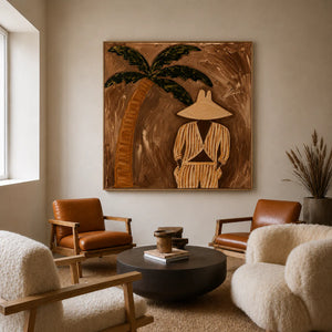 Striped Figure Beneath a Palm on Warm Brown Wall Art styled interior scene 4 | OILDECO