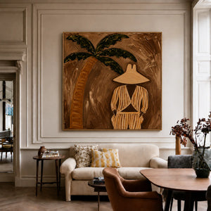 Striped Figure Beneath a Palm on Warm Brown Wall Art styled interior scene 5 | OILDECO