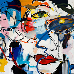 Overlapping Faces in Blue Red and Yellow Wall Art artwork view | OILDECO