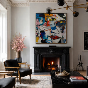 Overlapping Faces in Blue Red and Yellow Wall Art styled interior scene 1 | OILDECO