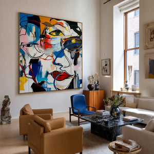Overlapping Faces in Blue Red and Yellow Wall Art styled interior scene 3 | OILDECO