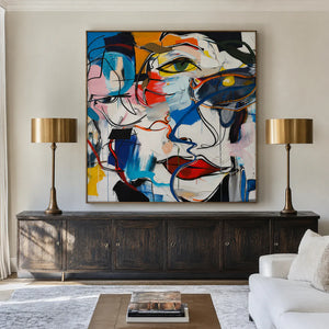 Overlapping Faces in Blue Red and Yellow Wall Art styled interior scene 4 | OILDECO