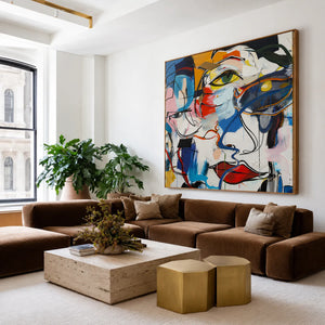 Overlapping Faces in Blue Red and Yellow Wall Art styled interior scene 5 | OILDECO