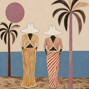 Striped Companions by the Sea with Mauve Sun Wall Art artwork view | OILDECO